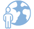icon person standing next to globe, blue