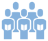 icon group of people holding pages, blue