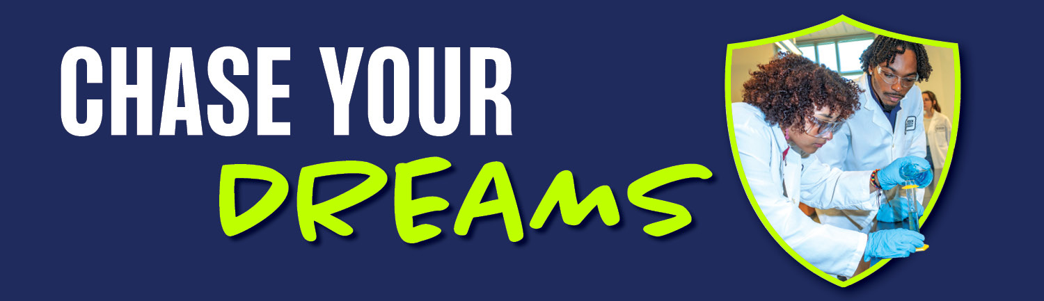 Chase your dreams; students in lab coats using equipment