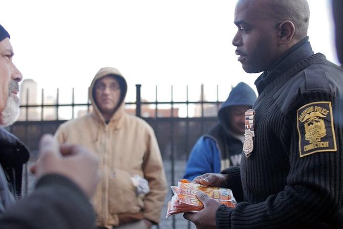 Police officer interacting with the community