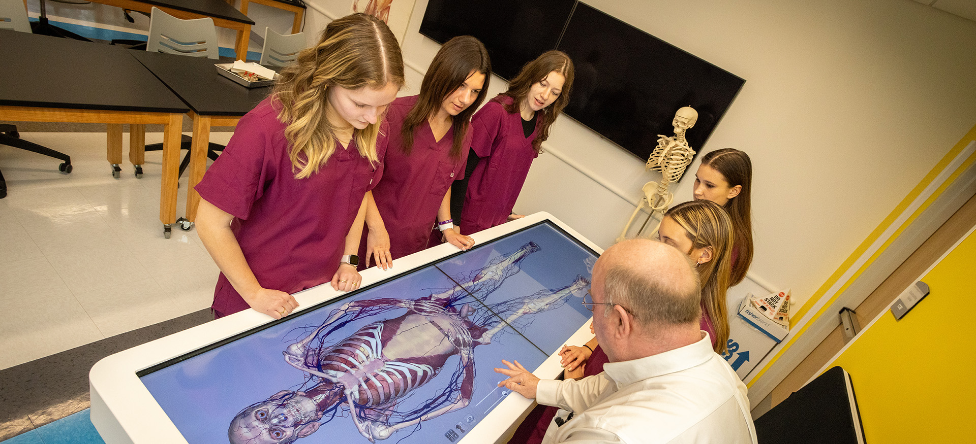 nursing students viewing a virtual dissection table